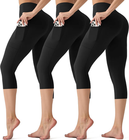 3 Pack Leggings with Pockets for Women,High Waisted Tummy Control Workout Yoga Pants Reg & Plus Size