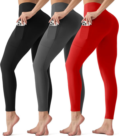 3 Pack Leggings with Pockets for Women,High Waisted Tummy Control Workout Yoga Pants Reg & Plus Size