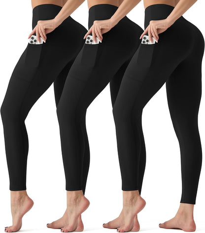 3 Pack Leggings with Pockets for Women,High Waisted Tummy Control Workout Yoga Pants Reg & Plus Size