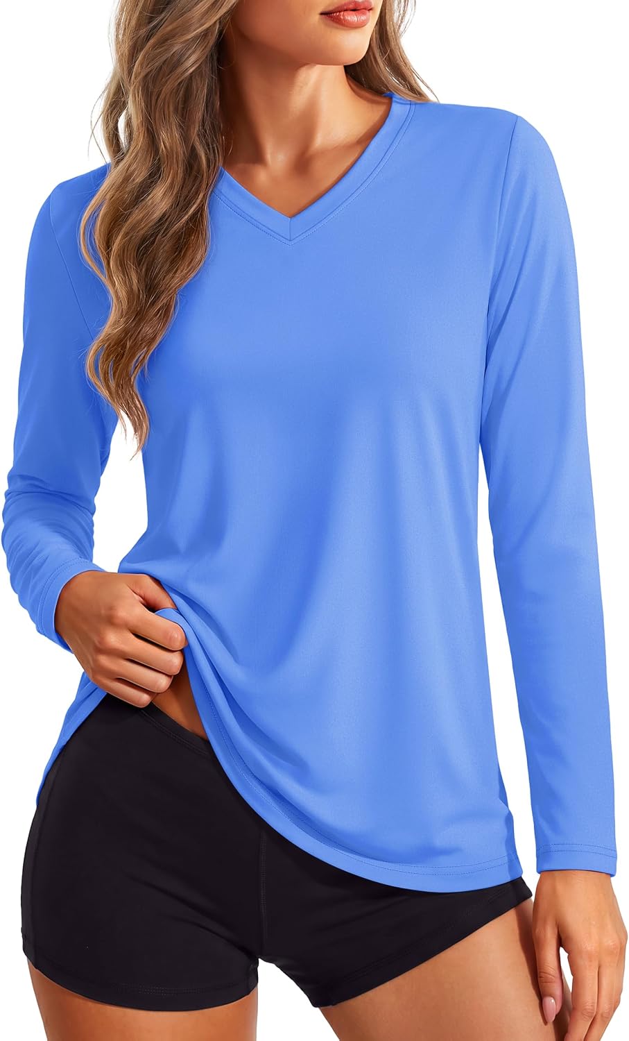 Women's Long Sleeve V Neck Tops Lightweight Quick Dry UPF 50+ Sun Protection Workout Hiking Running Shirts