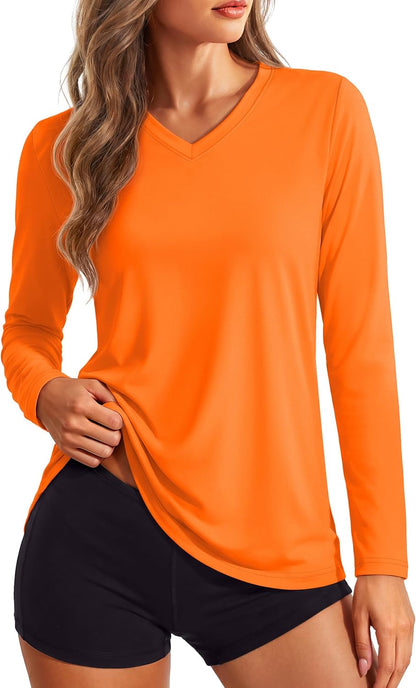 Women's Long Sleeve V Neck Tops Lightweight Quick Dry UPF 50+ Sun Protection Workout Hiking Running Shirts