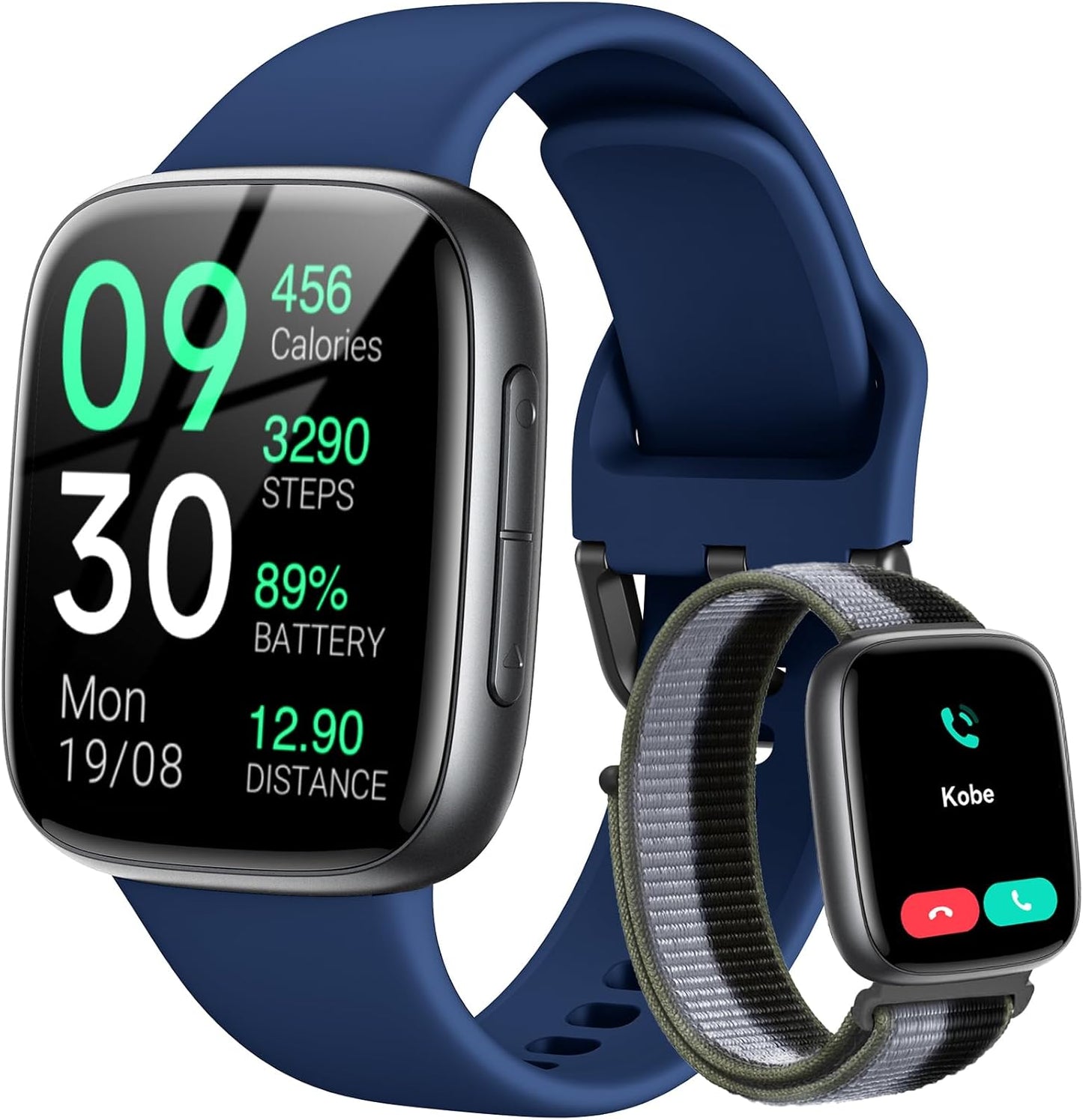 Smart Watch: 1.85" AMOLED CallAnswer, Heart Rate/SpO2, 100+ Sports,3ATM Waterproof, 2 Bands