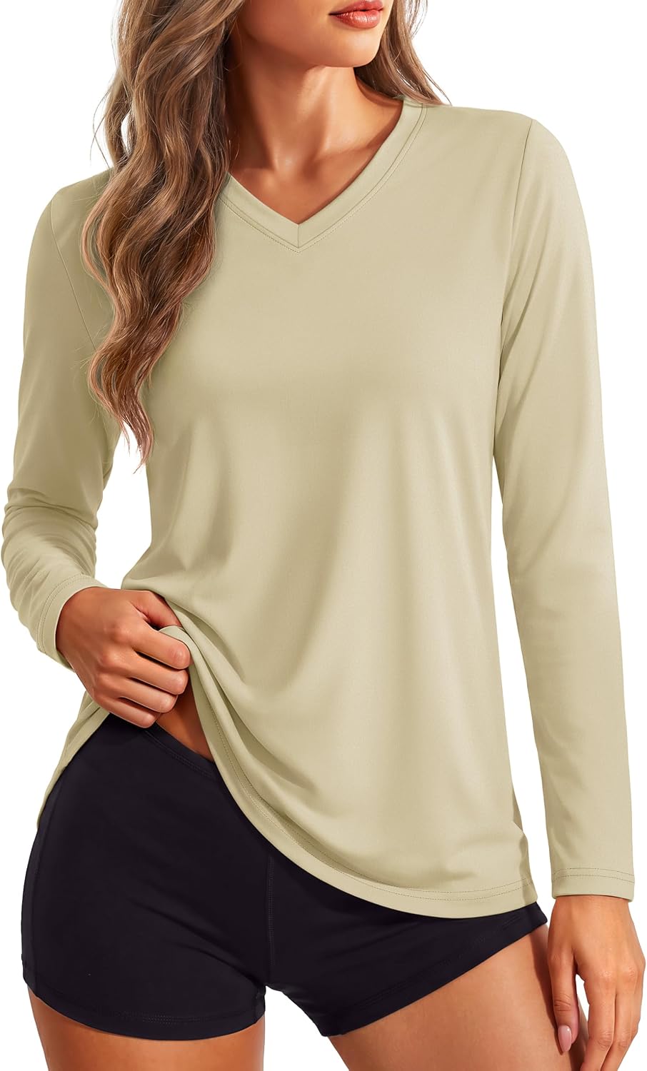 Women's Long Sleeve V Neck Tops Lightweight Quick Dry UPF 50+ Sun Protection Workout Hiking Running Shirts
