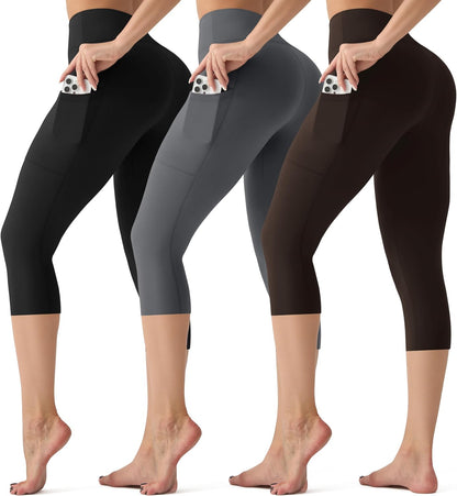 3 Pack Leggings with Pockets for Women,High Waisted Tummy Control Workout Yoga Pants Reg & Plus Size
