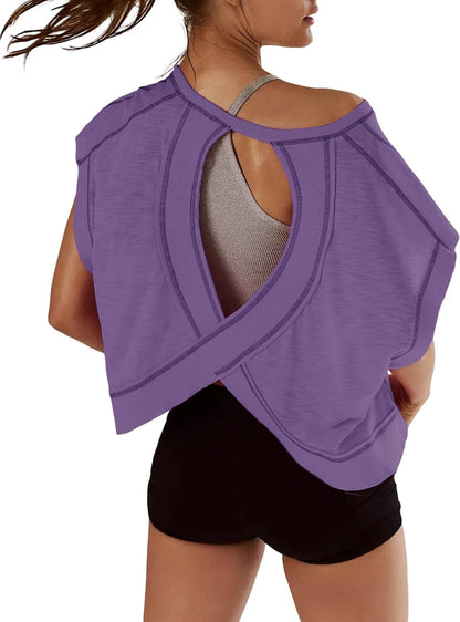 Women Short Sleeve Workout Shirts Open Back Tops Casual Yoga Y2k Athletic Gym Slouchy Crop Running Tees