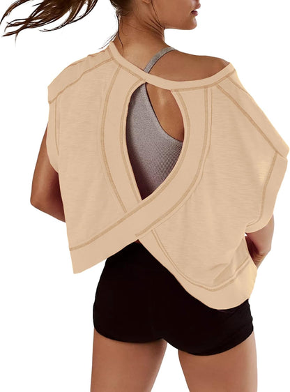 Women Short Sleeve Workout Shirts Open Back Tops Casual Yoga Y2k Athletic Gym Slouchy Crop Running Tees