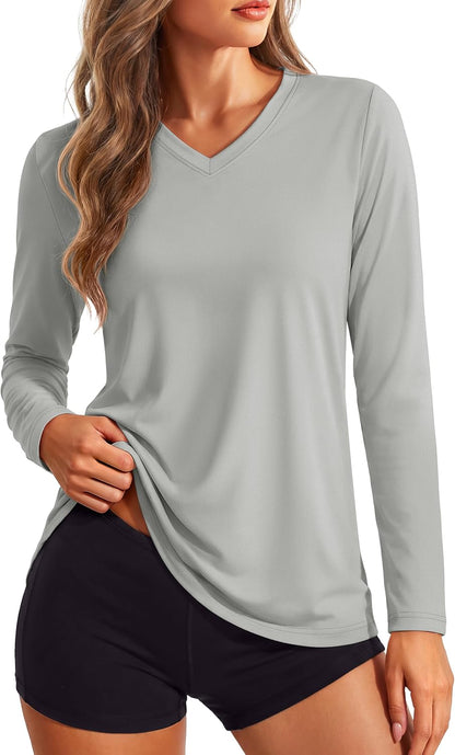 Women's Long Sleeve V Neck Tops Lightweight Quick Dry UPF 50+ Sun Protection Workout Hiking Running Shirts