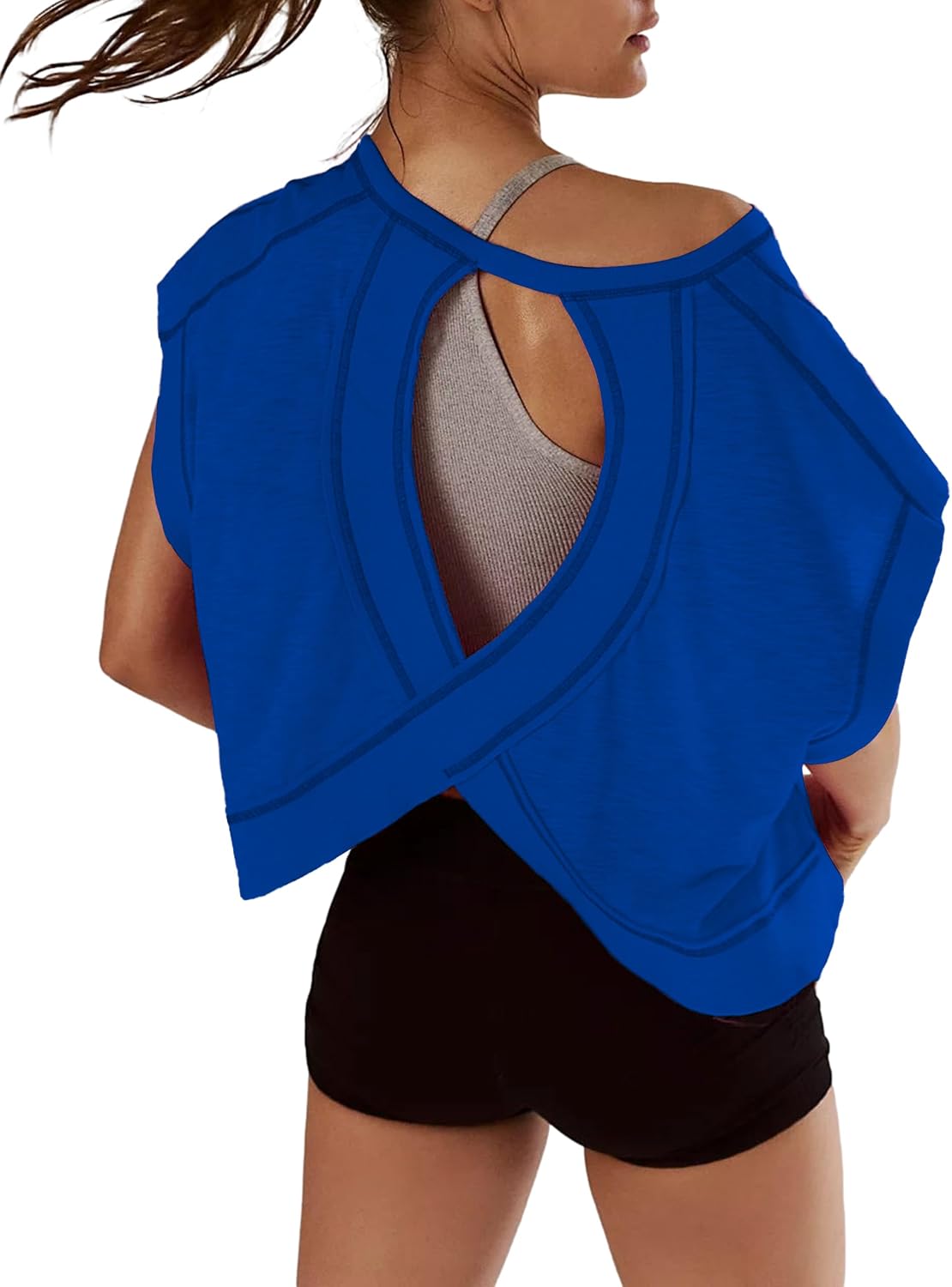 Women Short Sleeve Workout Shirts Open Back Tops Casual Yoga Y2k Athletic Gym Slouchy Crop Running Tees