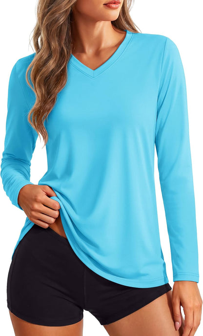 Women's Long Sleeve V Neck Tops Lightweight Quick Dry UPF 50+ Sun Protection Workout Hiking Running Shirts