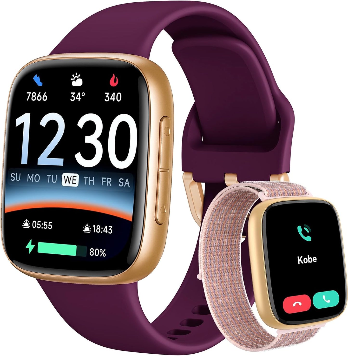 Smart Watch: 1.85" AMOLED CallAnswer, Heart Rate/SpO2, 100+ Sports,3ATM Waterproof, 2 Bands