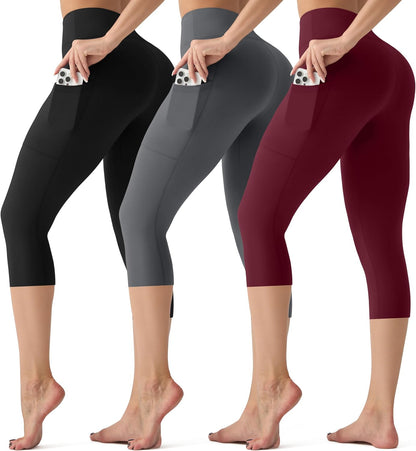 3 Pack Leggings with Pockets for Women,High Waisted Tummy Control Workout Yoga Pants Reg & Plus Size