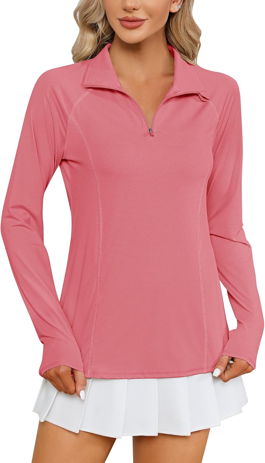 Women Long Sleeve Shirts Sun Protection 1/4 Zip Summer Quick Dry Hiking Shirts Quarter Zip Pullover for Women