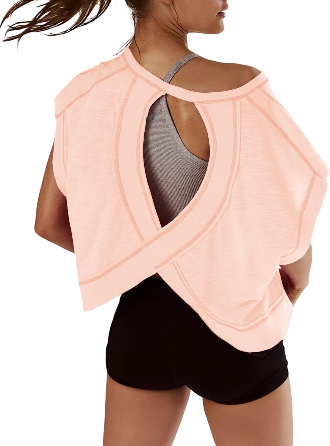 Women Short Sleeve Workout Shirts Open Back Tops Casual Yoga Y2k Athletic Gym Slouchy Crop Running Tees