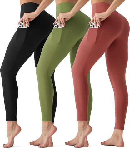 3 Pack Leggings with Pockets for Women,High Waisted Tummy Control Workout Yoga Pants Reg & Plus Size