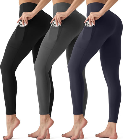 3 Pack Leggings with Pockets for Women,High Waisted Tummy Control Workout Yoga Pants Reg & Plus Size
