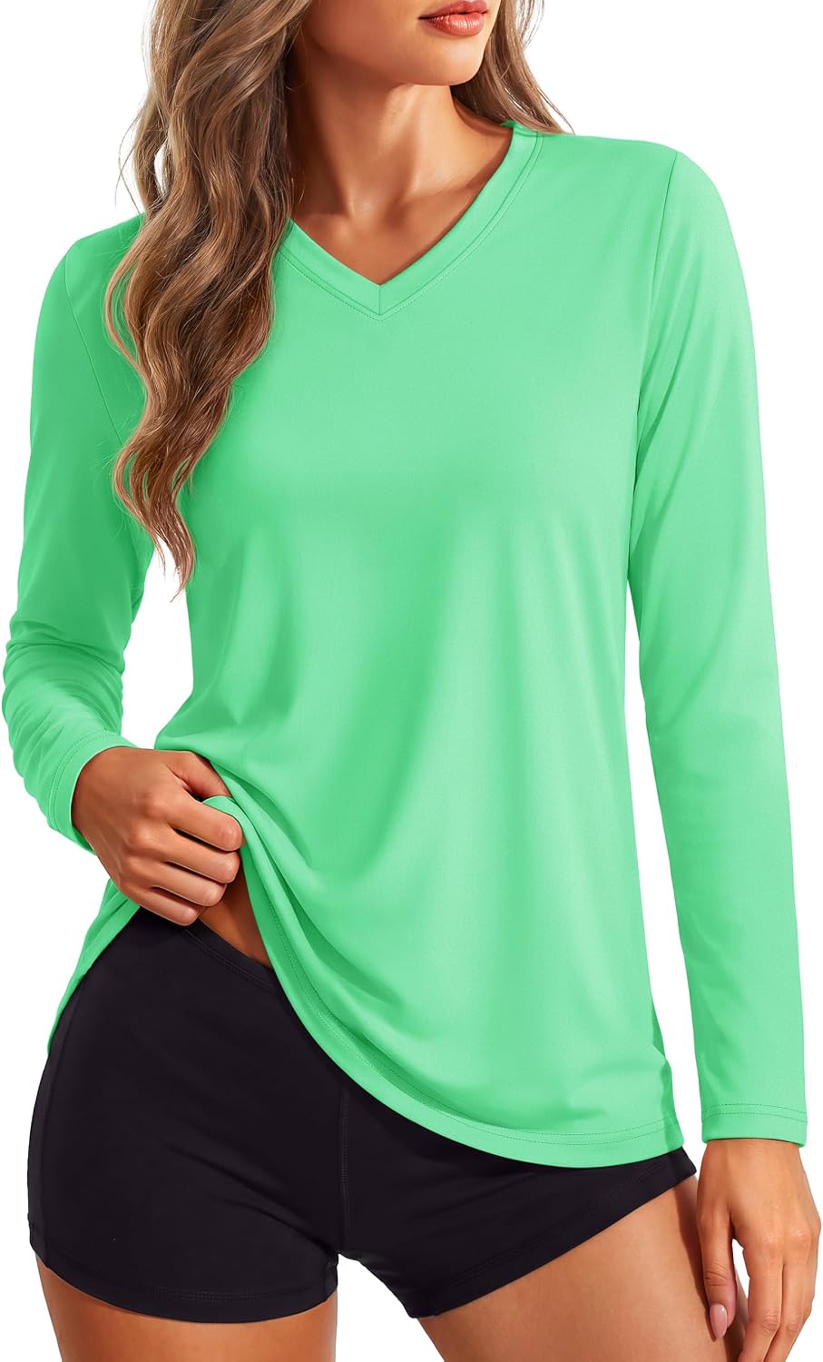 Women's Long Sleeve V Neck Tops Lightweight Quick Dry UPF 50+ Sun Protection Workout Hiking Running Shirts