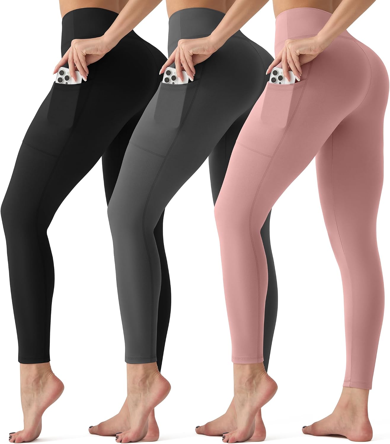 3 Pack Leggings with Pockets for Women,High Waisted Tummy Control Workout Yoga Pants Reg & Plus Size