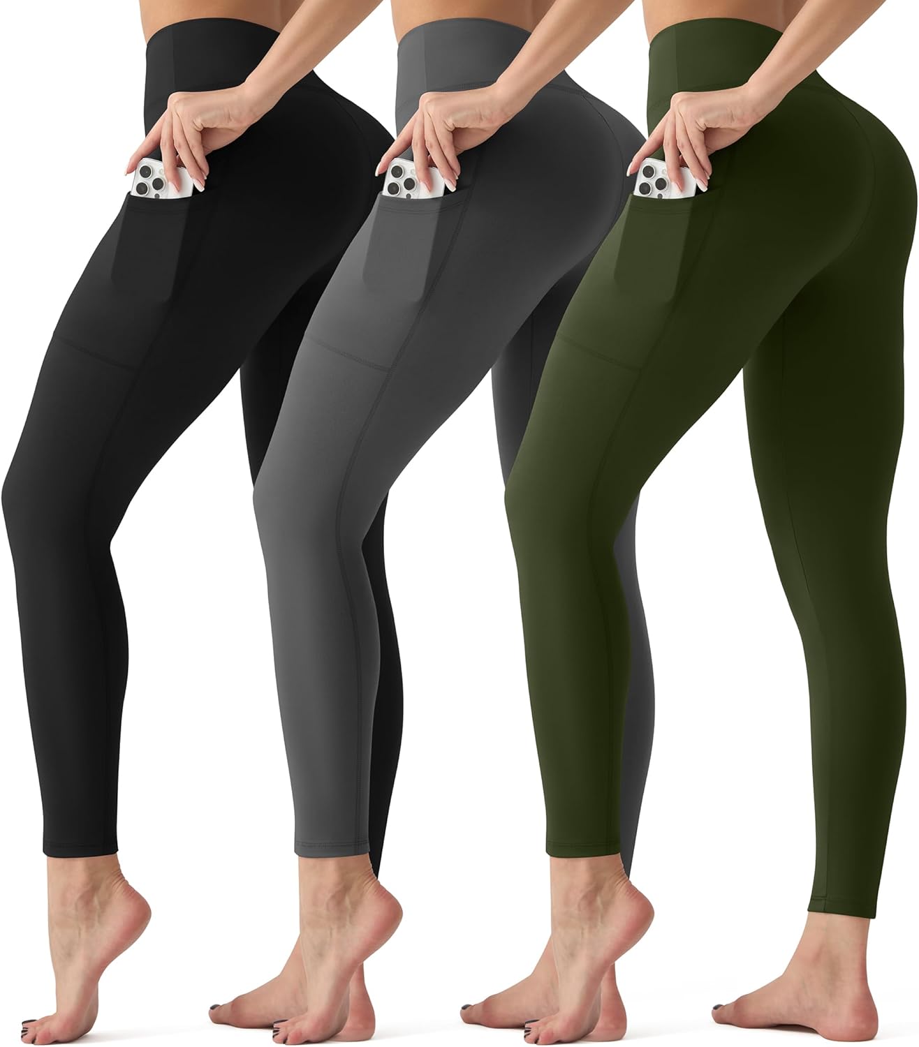 3 Pack Leggings with Pockets for Women,High Waisted Tummy Control Workout Yoga Pants Reg & Plus Size