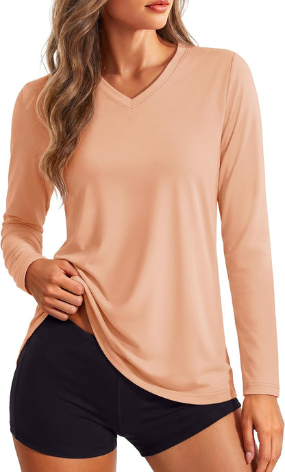 Women's Long Sleeve V Neck Tops Lightweight Quick Dry UPF 50+ Sun Protection Workout Hiking Running Shirts