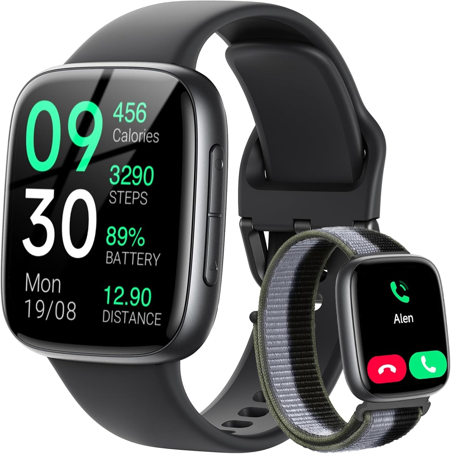 Smart Watch: 1.85" AMOLED CallAnswer, Heart Rate/SpO2, 100+ Sports,3ATM Waterproof, 2 Bands