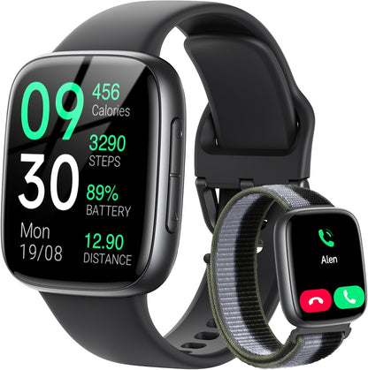 Smart Watch: 1.85" AMOLED CallAnswer, Heart Rate/SpO2, 100+ Sports,3ATM Waterproof, 2 Bands