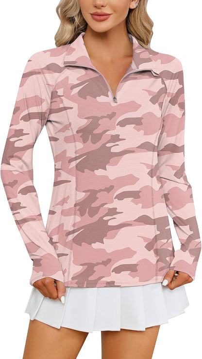 Women Long Sleeve Shirts Sun Protection 1/4 Zip Summer Quick Dry Hiking Shirts Quarter Zip Pullover for Women
