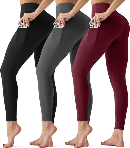 3 Pack Leggings with Pockets for Women,High Waisted Tummy Control Workout Yoga Pants Reg & Plus Size