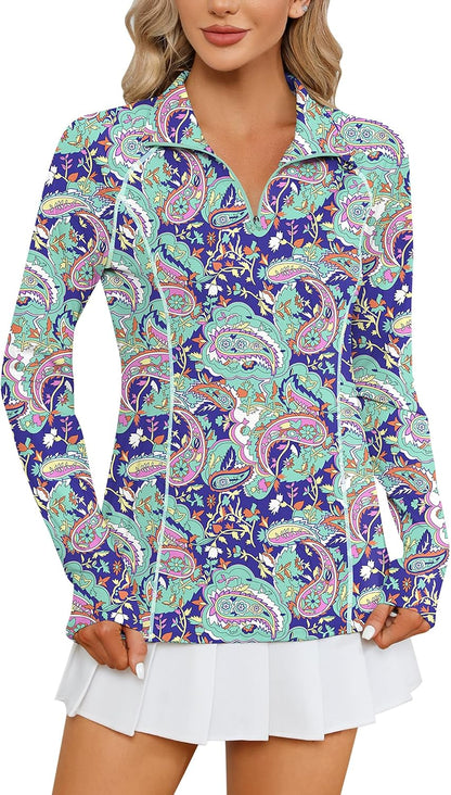Women Long Sleeve Shirts Sun Protection 1/4 Zip Summer Quick Dry Hiking Shirts Quarter Zip Pullover for Women