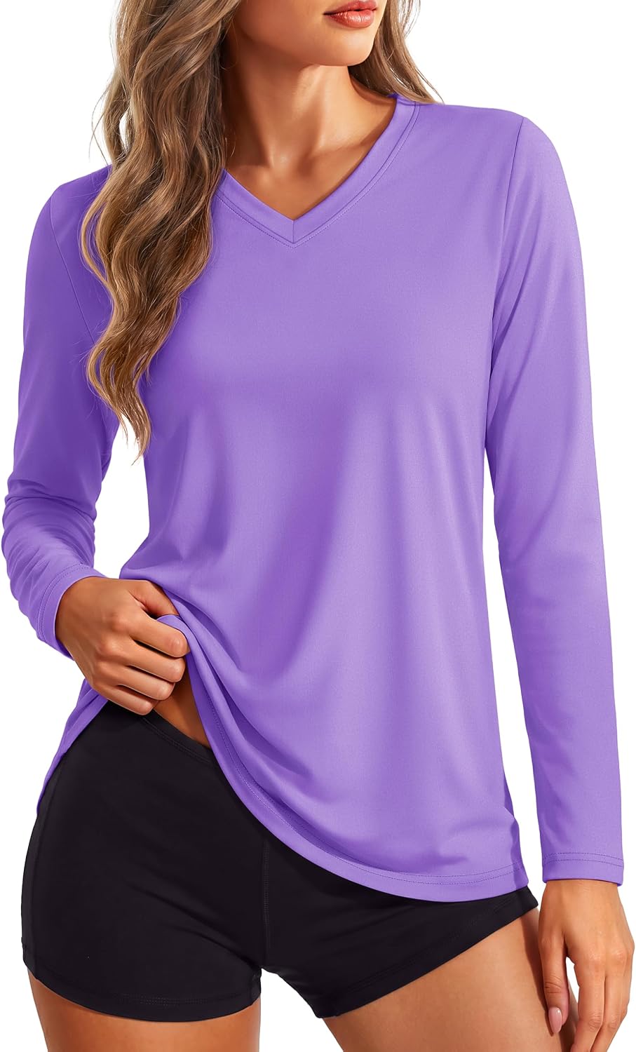 Women's Long Sleeve V Neck Tops Lightweight Quick Dry UPF 50+ Sun Protection Workout Hiking Running Shirts