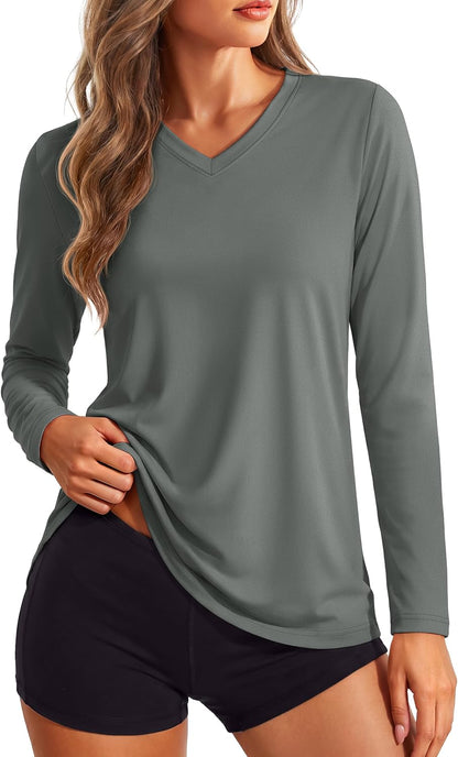 Women's Long Sleeve V Neck Tops Lightweight Quick Dry UPF 50+ Sun Protection Workout Hiking Running Shirts