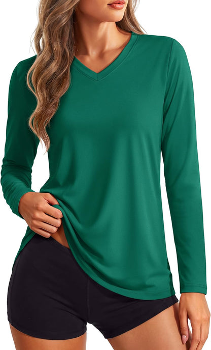 Women's Long Sleeve V Neck Tops Lightweight Quick Dry UPF 50+ Sun Protection Workout Hiking Running Shirts