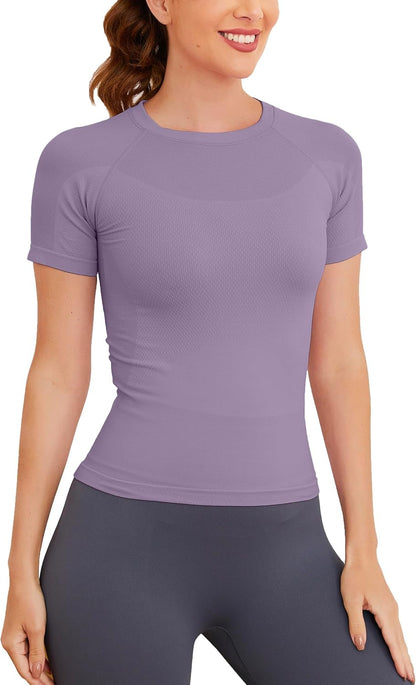 Short Sleeve Workout Tops for Women, Seamless Women's Compression Shirt, Yoga Running Athletic Shirts Soft Gym Tops