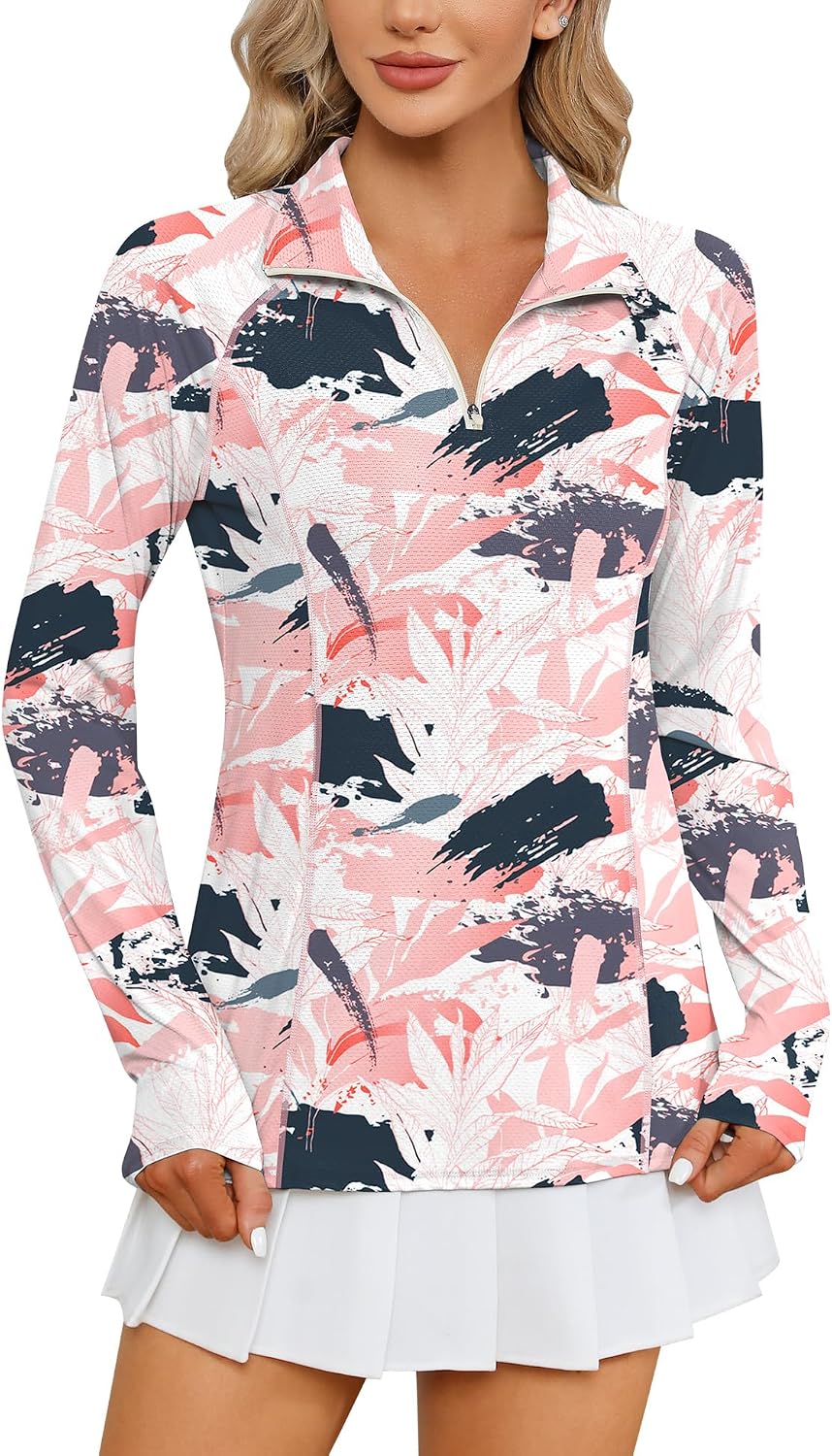 Women Long Sleeve Shirts Sun Protection 1/4 Zip Summer Quick Dry Hiking Shirts Quarter Zip Pullover for Women