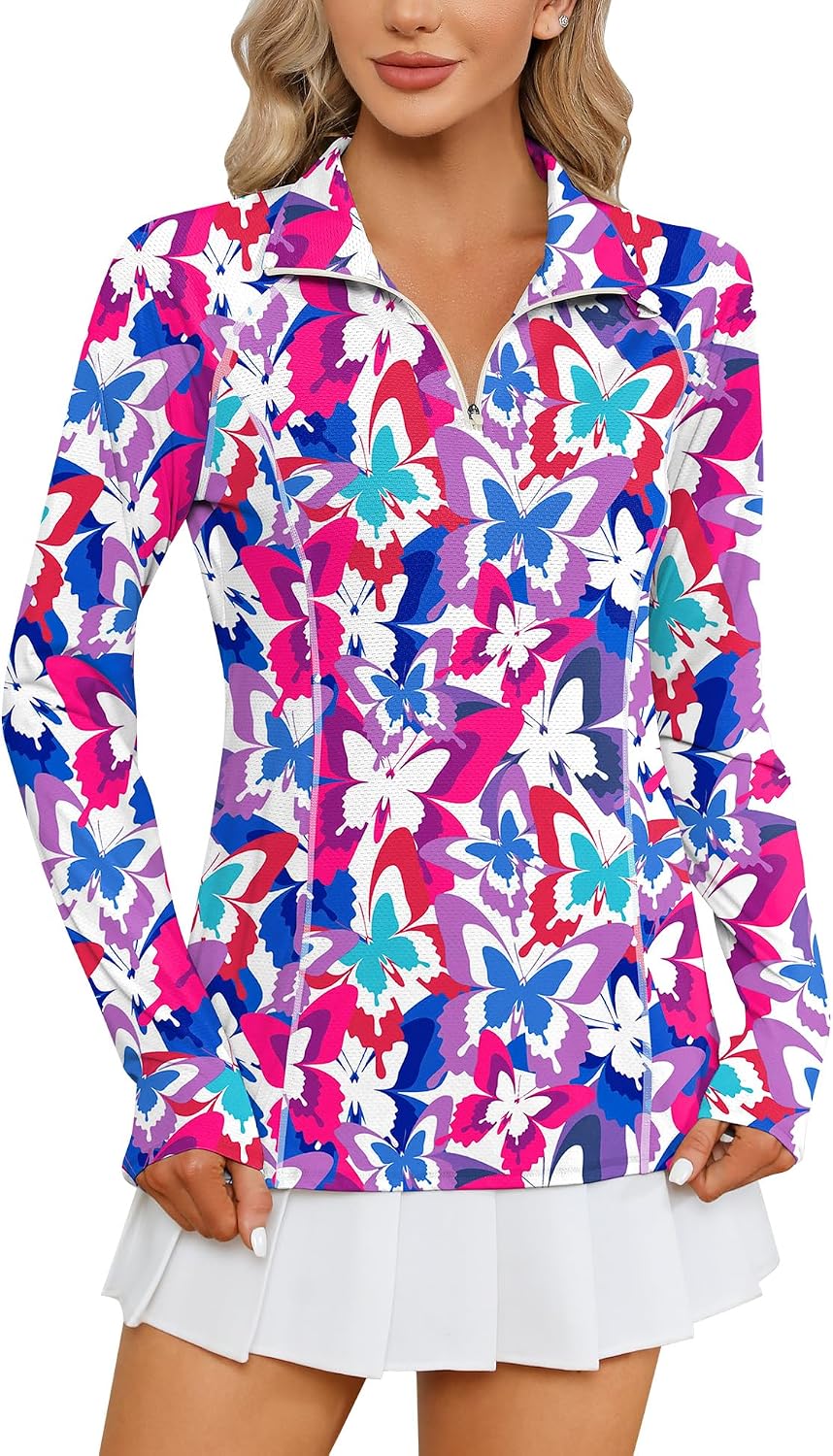 Women Long Sleeve Shirts Sun Protection 1/4 Zip Summer Quick Dry Hiking Shirts Quarter Zip Pullover for Women
