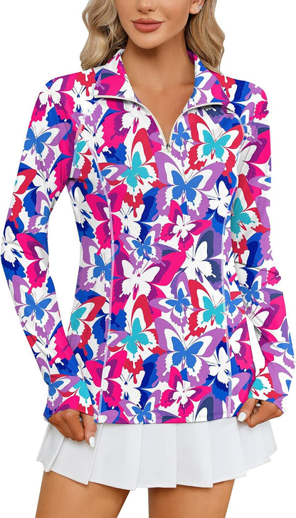Women Long Sleeve Shirts Sun Protection 1/4 Zip Summer Quick Dry Hiking Shirts Quarter Zip Pullover for Women