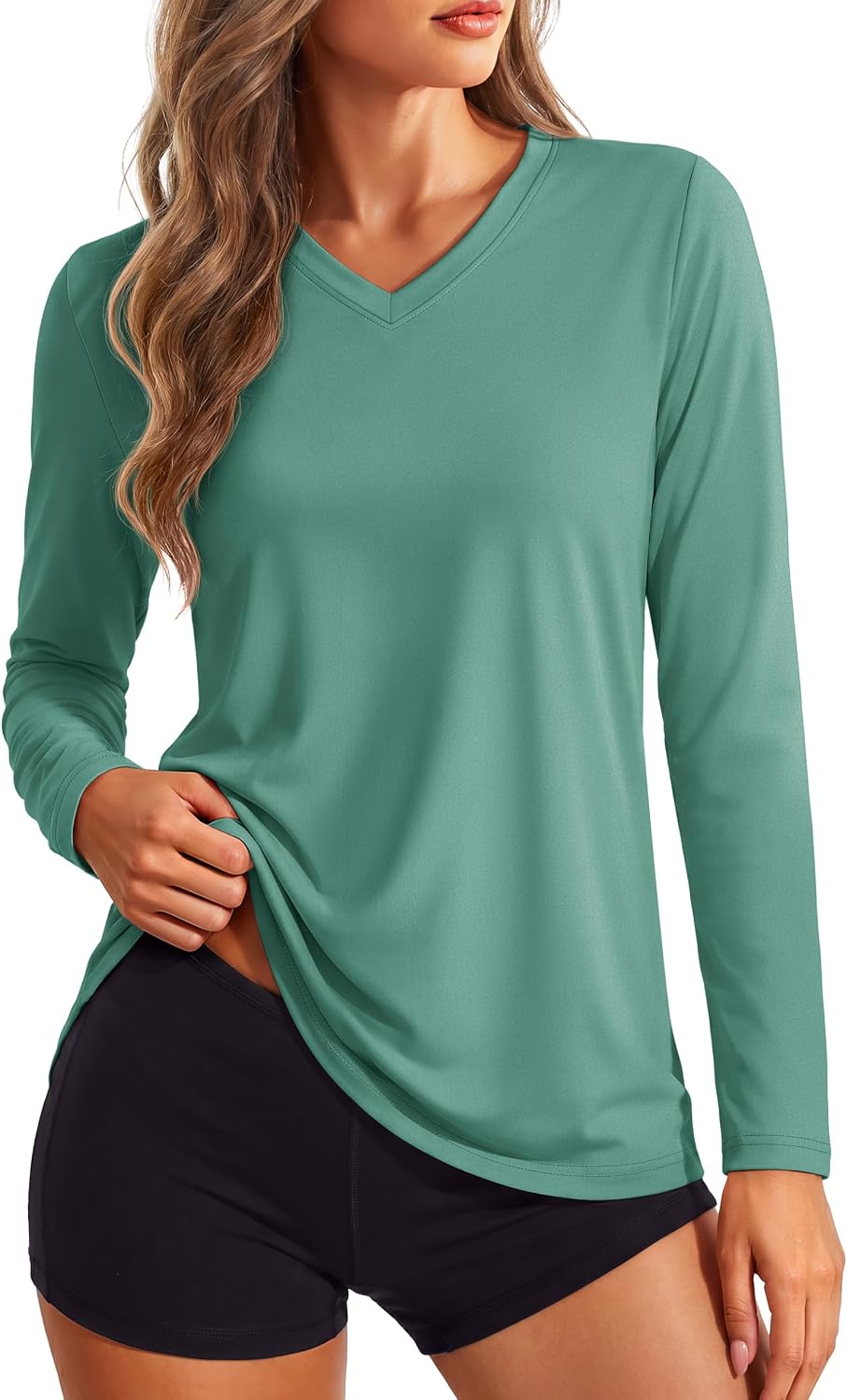 Women's Long Sleeve V Neck Tops Lightweight Quick Dry UPF 50+ Sun Protection Workout Hiking Running Shirts
