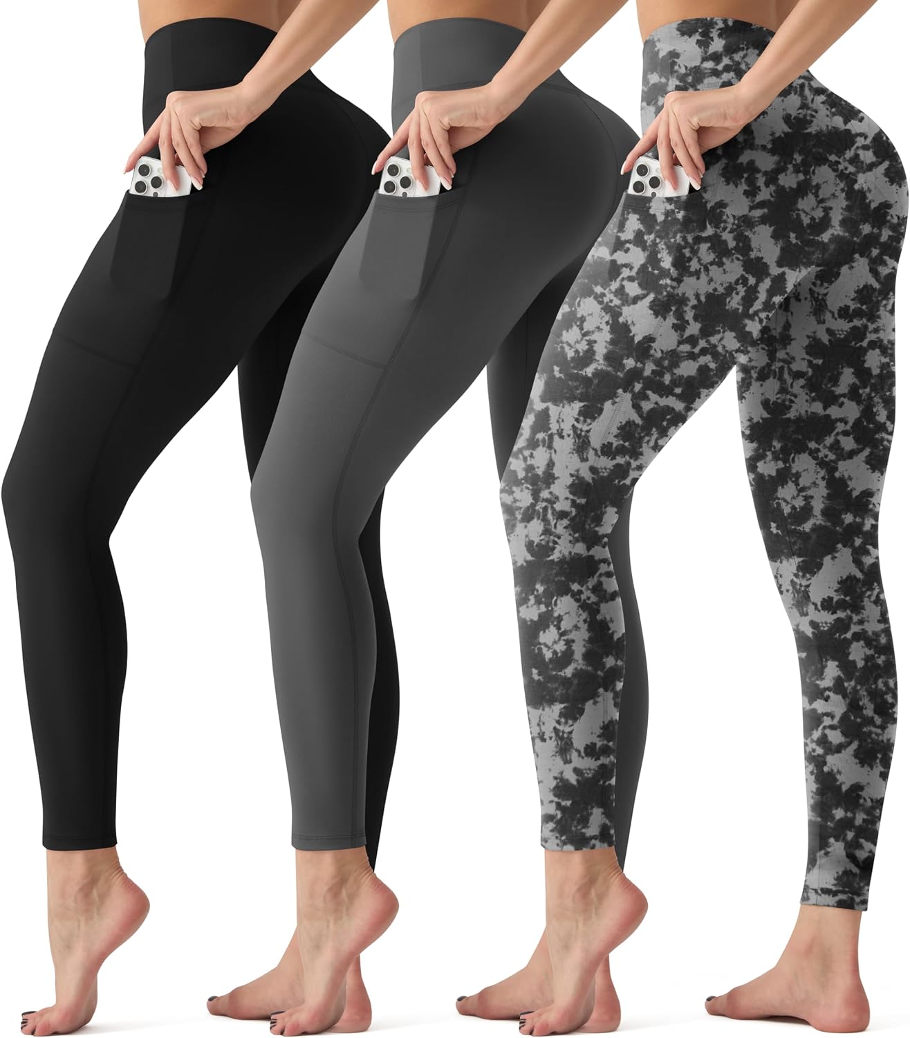 3 Pack Leggings with Pockets for Women,High Waisted Tummy Control Workout Yoga Pants Reg & Plus Size