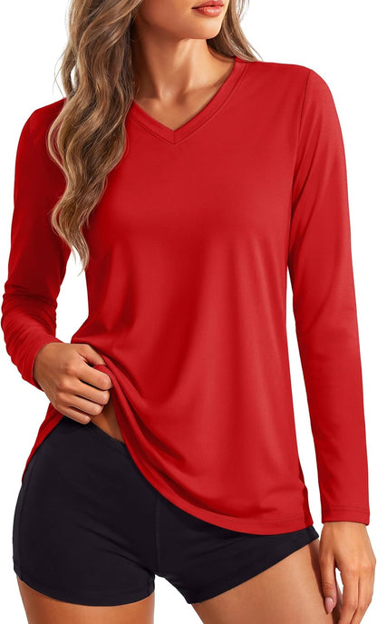 Women's Long Sleeve V Neck Tops Lightweight Quick Dry UPF 50+ Sun Protection Workout Hiking Running Shirts