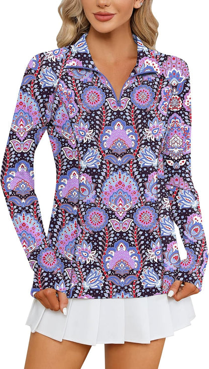 Women Long Sleeve Shirts Sun Protection 1/4 Zip Summer Quick Dry Hiking Shirts Quarter Zip Pullover for Women
