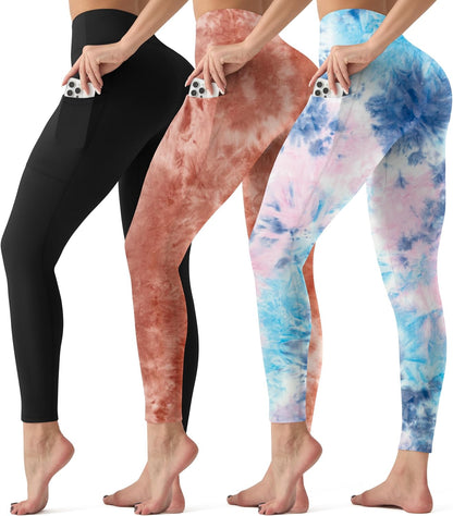 3 Pack Leggings with Pockets for Women,High Waisted Tummy Control Workout Yoga Pants Reg & Plus Size