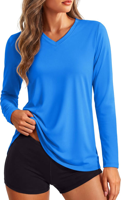 Women's Long Sleeve V Neck Tops Lightweight Quick Dry UPF 50+ Sun Protection Workout Hiking Running Shirts