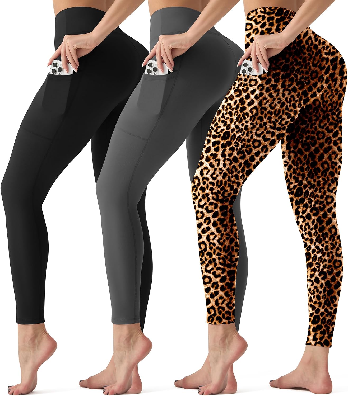 3 Pack Leggings with Pockets for Women,High Waisted Tummy Control Workout Yoga Pants Reg & Plus Size